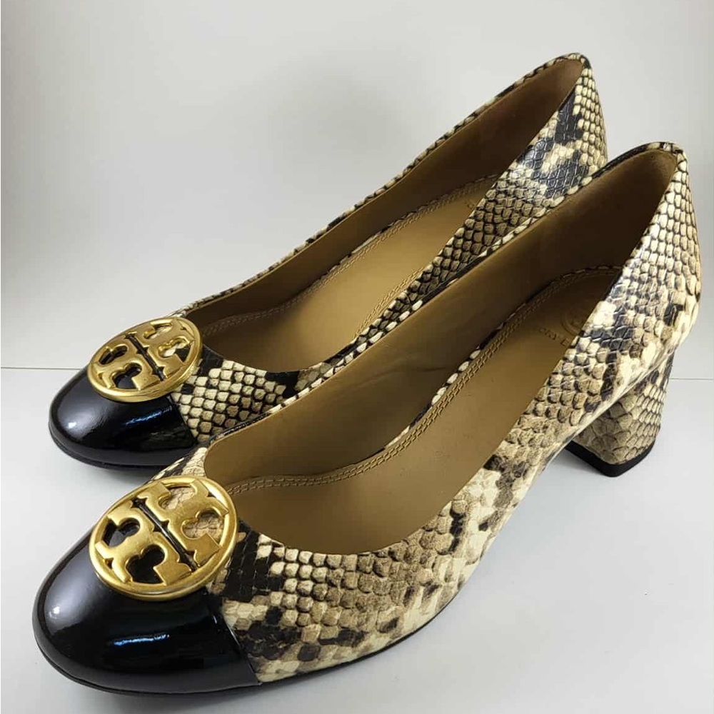 Tory Burch Snakeskin Heels with Black and Gold Accents